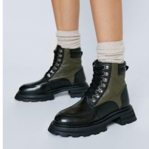 Real Leather Chunky Lace Up Biker Boots